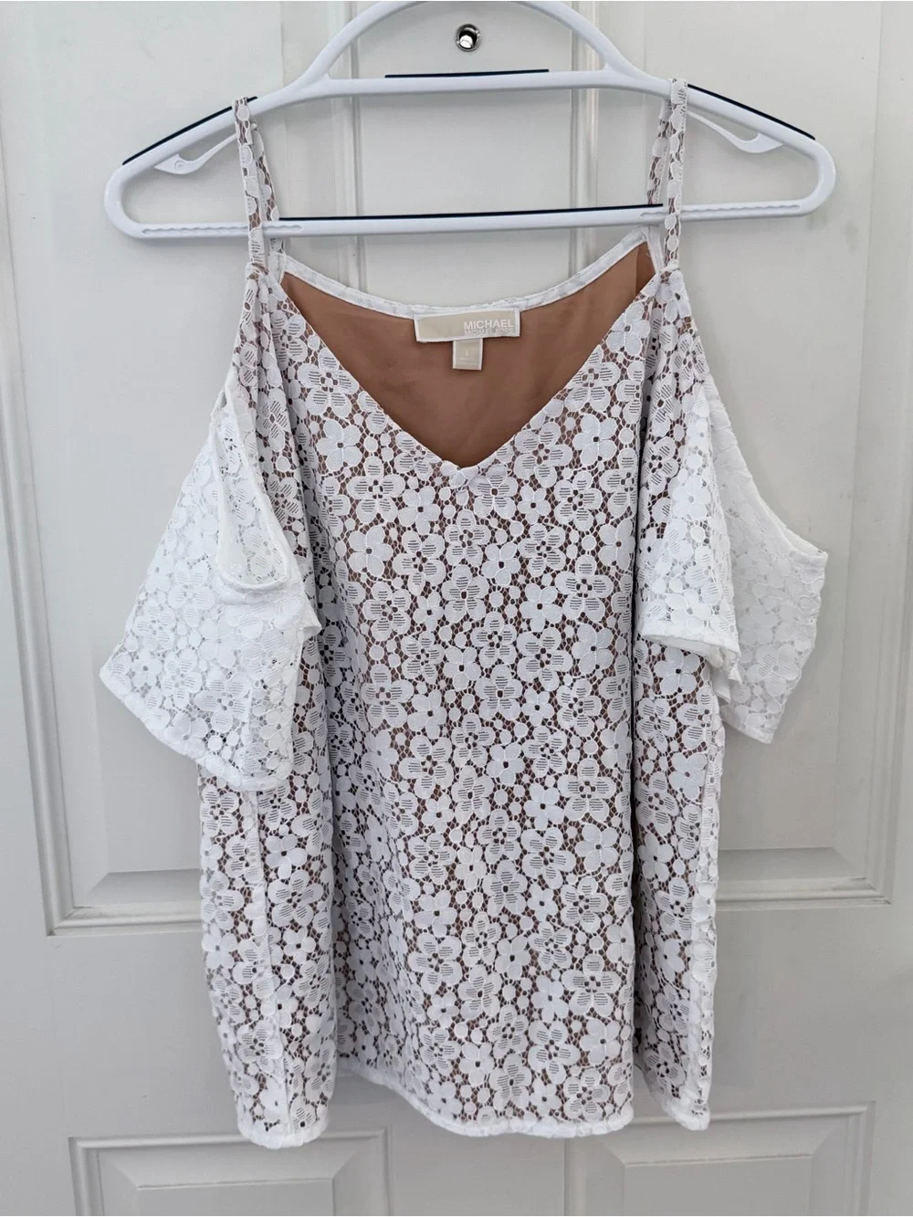 Michael Kors Floral Lace Cold Shoulder Top L | NWOT White Nude